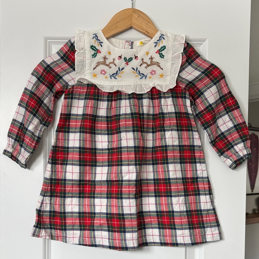 Plaid Dress with Bib Collar and Deer